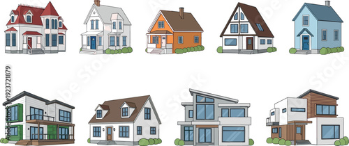 Set of diverse architectural house designs including modern villas classic cottages and suburban family homes isolated on white