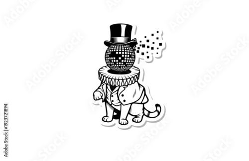 Funny Victorian Cat with Disco Ball Sticker Silhouette. Quirky Surreal Silliness and Humorous Character Design for Gen Z Aesthetic Vector.
