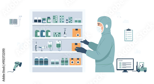 A person in a green hazmat suit and mask is placing a box onto a shelf in a medical storage room.