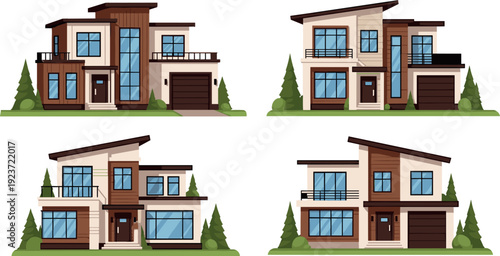 Set of modern luxury house exterior designs with large windows wooden panels and garage flat vector illustration isolated