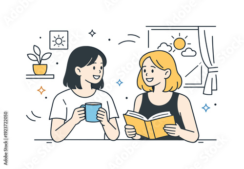 Women indoors with natural light. Cropped interior scene showing women from the waist up, faces softly lit by daylight. Focus on atmosphere,