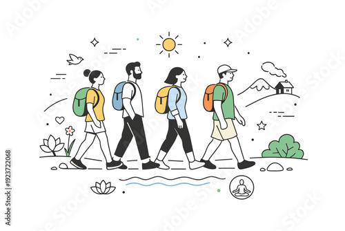 Mindful Nature Walk. Wellness travel and retreats. Small group walking calmly through nature with backpacks and relaxed posture. Slow travel,