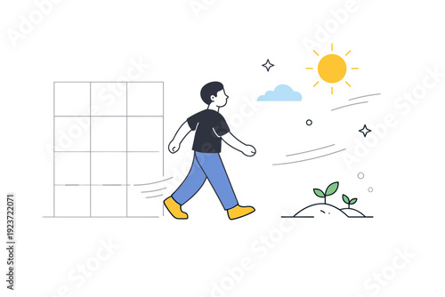 Free will. Person stepping out of a subtle grid into open space, expressing independence and self-determination. Calm optimistic atmosphere