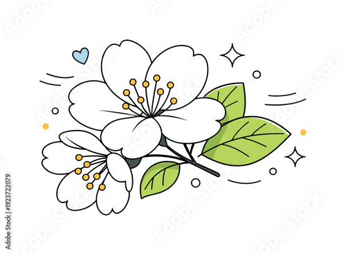 Delicate white jasmine flowers with green leaves and sparkling accents