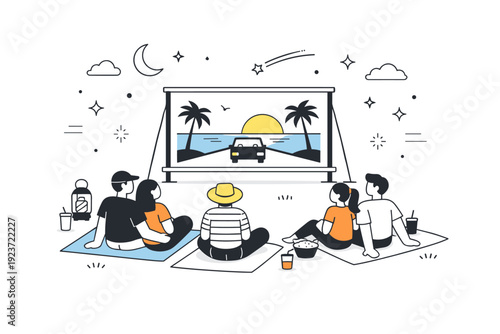 Outdoor movie nights. People sitting on blankets under the open sky, watching a movie projected on a simple outdoor screen. Relaxed summer evening, shared