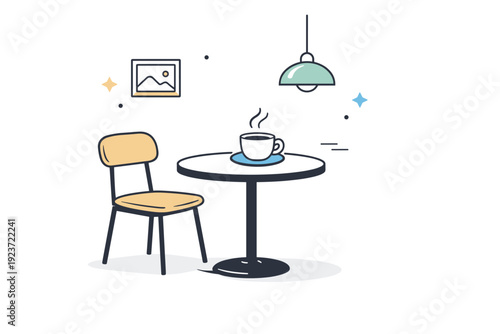 Coffee culture. Minimal cafe interior with table, chair, and coffee cup, expressing quiet atmosphere and pause. Clean composition focused on