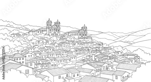 Intricate line art of a charming historical town with rolling hills and churches