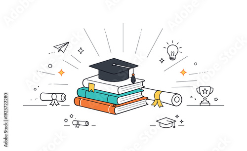 Graduation Celebration Design. Graduation season backgrounds. Modern abstract backdrop inspired by academic milestones, with symbolic books, caps, and light