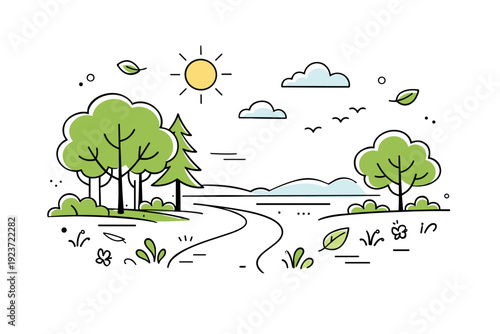 Natural scenery background. A peaceful forest edge with trees, path, and open sky, suggesting slow movement and relaxation. Calm outdoor environment with lots
