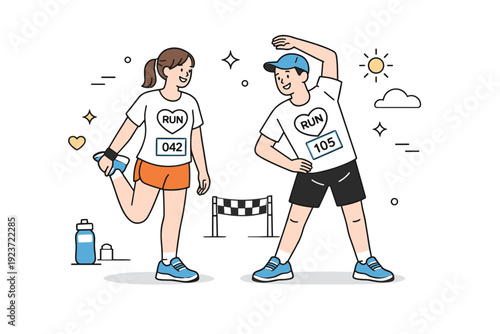 Charity run teamwork. Two friends warming up before a local run, stretching and chatting casually. A calm, optimistic mood focused on