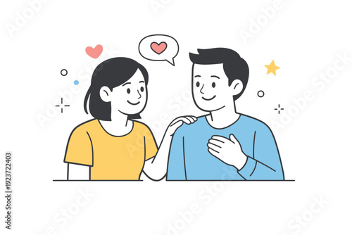 Joy and happiness connection. Two people sharing a friendly smile and gentle gesture, showing emotional connection and positivity. The scene