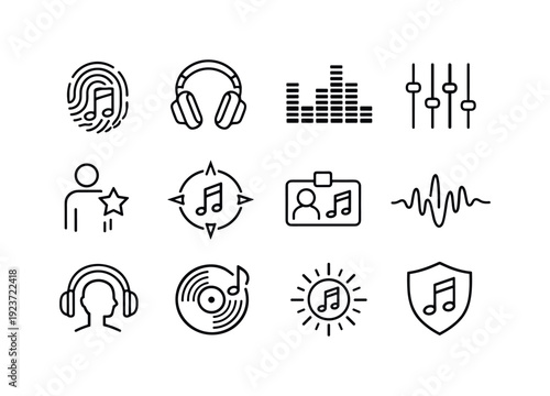 Personal Music Taste. Line outline icon set of Personal Music Taste: fingerprint note,