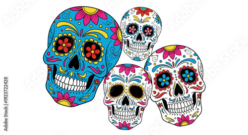 Colorful sugar skulls with floral patterns for day of the dead celebration