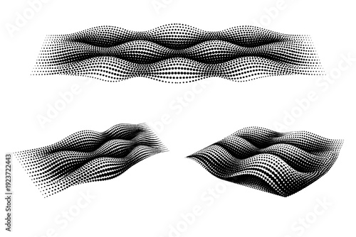 Warped halftone dot lines pattern shown as a single object presented in three views: flat top view, angled view, and three-quarter perspective view. Black and
