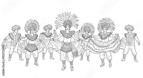 Line art of brazilian carnival dancers in traditional costumes celebrating culture