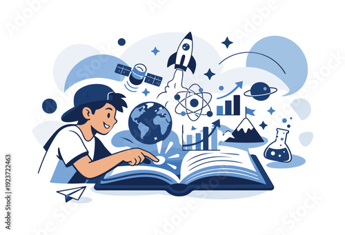 Interactive textbooks. Student tapping an open digital textbook, animations and diagrams