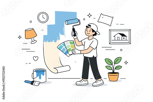 Home refresh process. A character painting a wall or rolling out a new color swatch card, focused and relaxed, showing an easy home update.