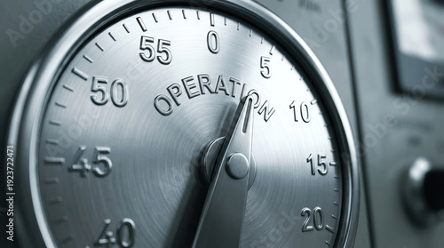 Operation dial timer close up on metallic surface with numbers and pointer, showing precise control and industrial design in cool blue tone