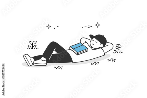 People lying on grass. Person stretched out on grass with a book resting on the chest, paused reading. Quiet afternoon mood, gentle stillness outdoors.