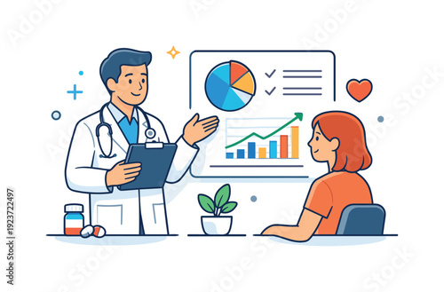 Doctor consultation modern clinic scene with a physician explaining results using simple charts, symbolizing clarity, expertise and informed