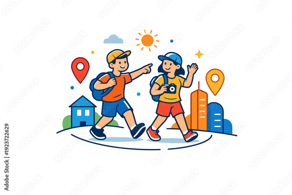 Fototapeta premium Urban Exploration Adventure. Friends exploring new cities focused on spontaneous travel moments and joyful urban discovery. A friendly visual metaphor with