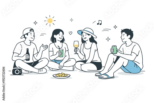 Relaxed summer social life aesthetics. Friends sitting outdoors with drinks, casual conversation and easy smiles. Lighthearted connection and slow summer