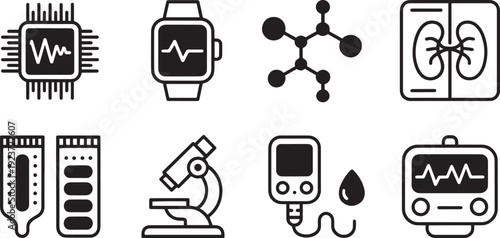 Collection of electronic device icons and scientific symbols isolated on transparent background