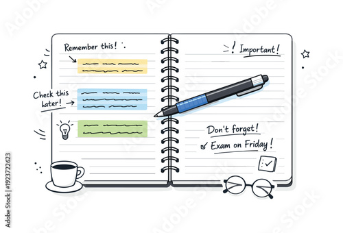 Study Notebook Moment. Handwritten notes on margins. Student?s notebook with highlighted sections and casual notes off to the side, pen resting across the