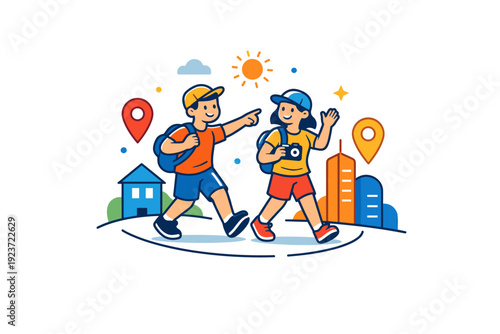 Urban Exploration Adventure. Friends exploring new cities focused on spontaneous travel moments and joyful urban discovery. A friendly visual metaphor with