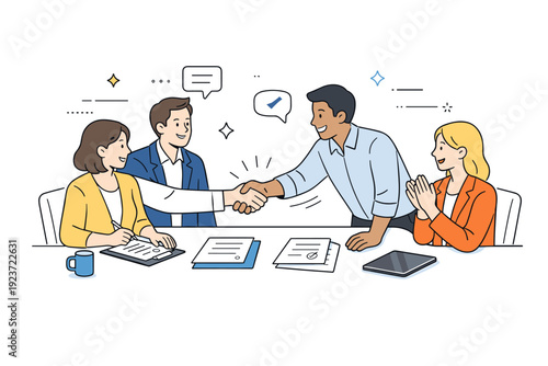 Entrepreneurs meeting with clients in a conference room. Handshake across the table after discussion, documents and tablets nearby.