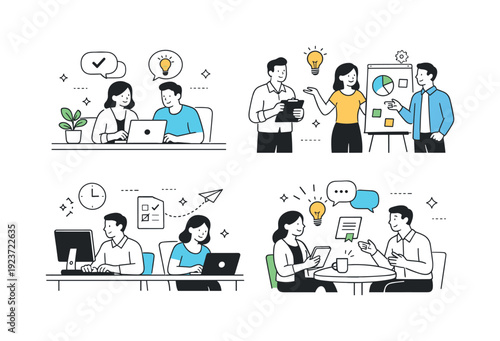 Office culture illustration pack. Everyday work moments in a modern office, calm collaboration and focused teamwork. Friendly scene with