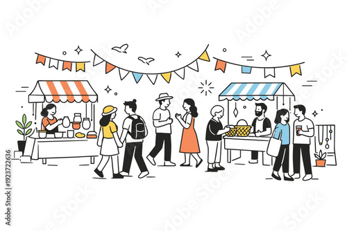 Spring holiday local craft fairs. Visitors strolling between stalls, relaxed pace and gentle conversation, banners and flags moving softly in