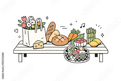 Seasonal outdoor markets strolling. A minimal flatlay-style scene of market finds like bread, flowers, and vegetables placed on a bench or table. Quiet