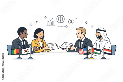 Trade agreements in emerging markets. Business people from different countries exchanging documents across a table with small flags nearby.