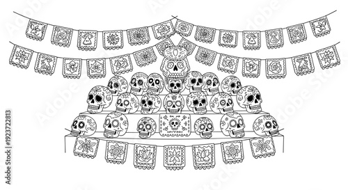 Decorative day of the dead altar with sugar skulls and papel picado flags in outline style