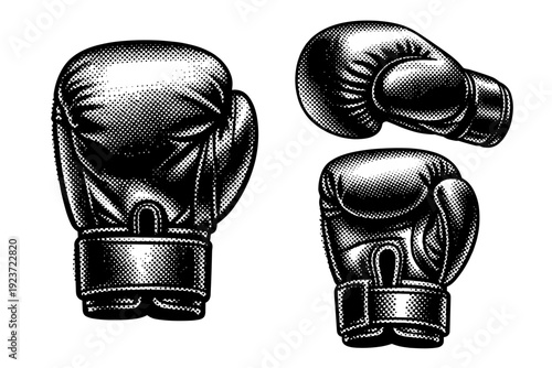 Leather boxing gloves A leather boxing glove shown in three views focusing on surface creases, seams, and compact padded structure. Black and