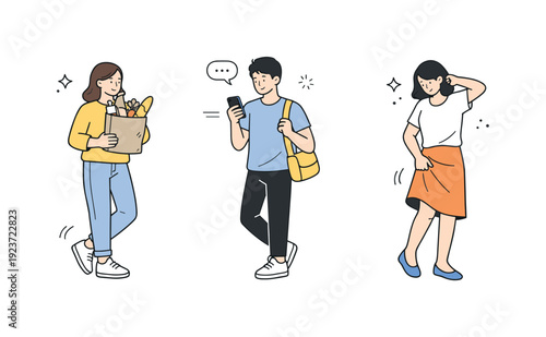 People paused mid-step in everyday routines. Someone stops briefly while carrying groceries, holding a phone, or adjusting clothing, captured