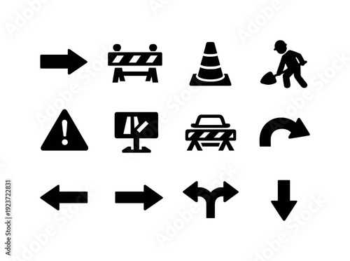 Road construction detour sign. Filled icon set of Road construction detour sign: detour