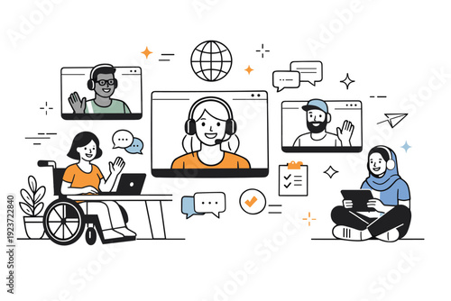 Workplace diversity ? remote inclusion. Colleagues connected via video conferencing screens with diverse avatars, expressing hybrid collaboration and