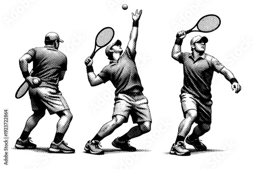 Athlete motion pose tennis serve preparation rendered as one athlete object displayed in three different views focusing on torso twist,