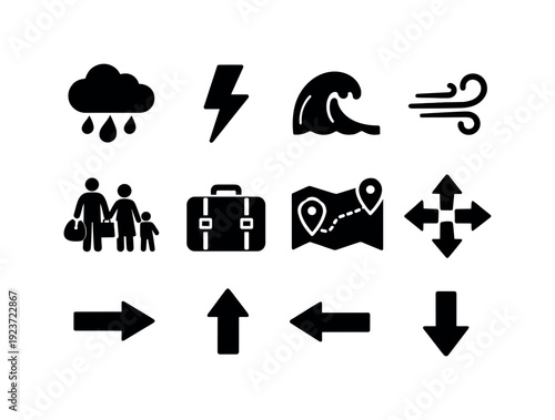 Extreme weather migration. Filled icon set of Extreme weather migration: storm cloud,
