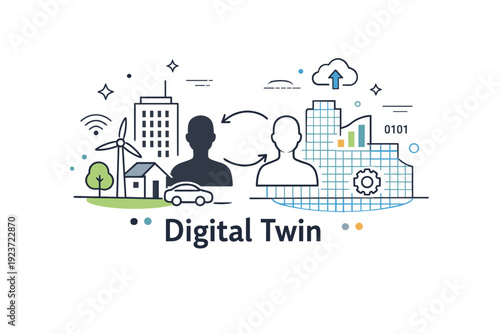 Digital twin future concept icon. Abstract composition blending real objects, virtual grids, and data symbols, expressing innovation and