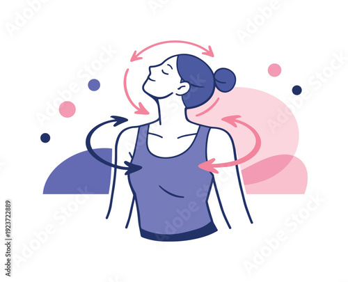 Gentle mobility. Person rotating shoulders and neck slowly, circular motion guides and soft