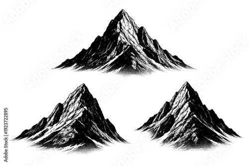Mountain peak. An isolated mountain peak with sharp ridges and solid mass, shown as the same peak presented in three different views to