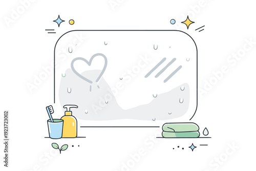 Steam traces on mirrors. A bathroom mirror softly fogged over with faint finger marks or lines drawn into the steam. Fleeting interaction and ephemeral