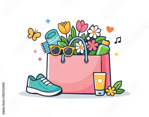 Spring shopping concept centered on a stylish shopping bag filled with flowers and light seasonal items, expressing freshness, renewal, and