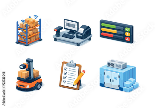 Modern warehouse logistics and supply chain management icons in isometric view