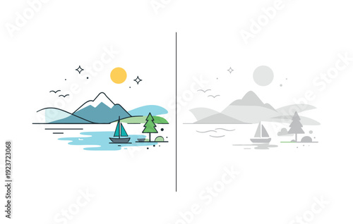 Atmospheric mood change. The same minimal landscape appears split into clear air and misty conditions, showing contrast in visibility and