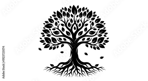A detailed black and white illustration of a majestic tree with intricate branches and visible roots, symbolizing life and growth.