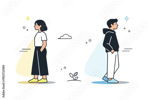 Diverse young people standing apart with subtle glowing auras and minimalist elements